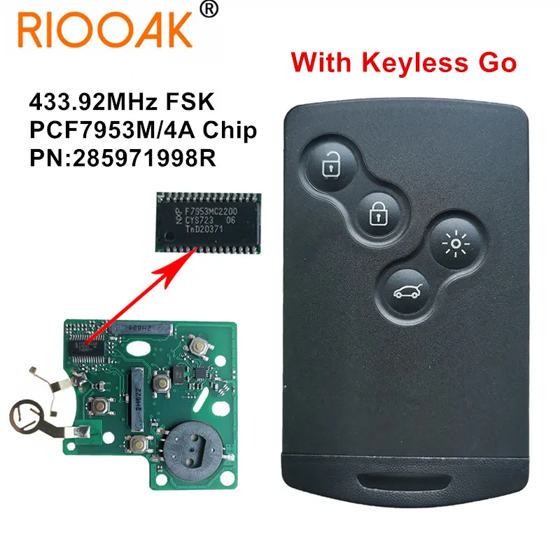 

285971998R PCF7953M 4A Chip 433 MHZ Keyless Smart Key For 2009 2010 2011 2012 2013 2014 2015 2017 Renault Clio IV Captur
