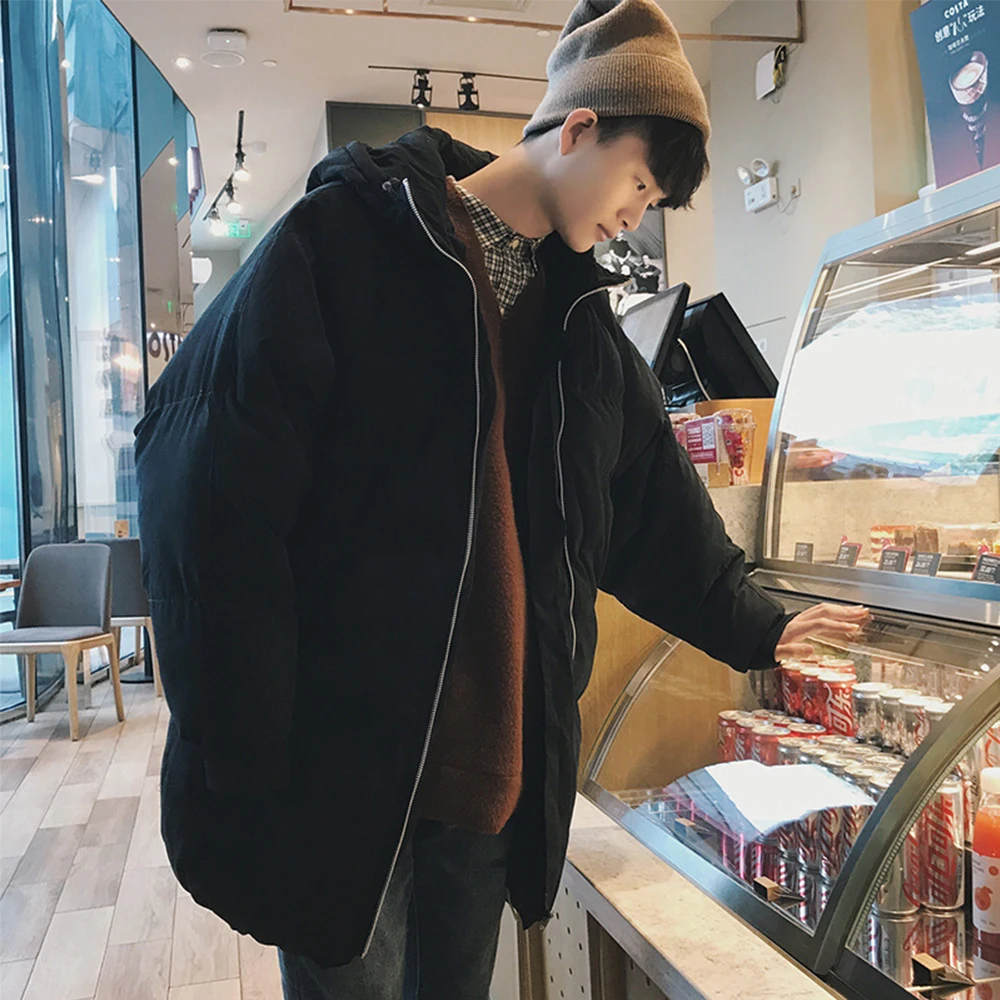 

cotton men winter jacket warm down parka long style coat fashion solid color thick large size loose casual outwear jacket coats