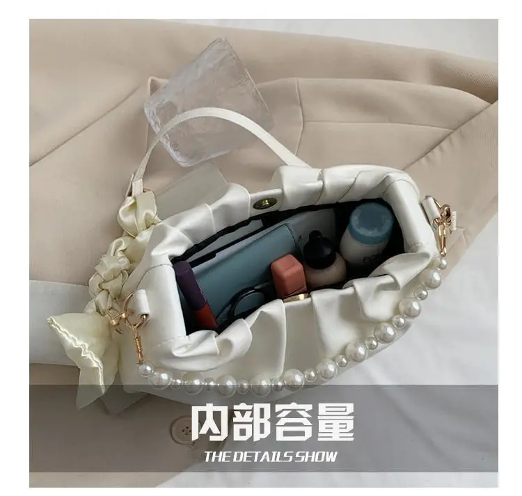 

Pleated Bag Small Totes with Pearl Handle Summer New PU Leather Women's Designer Handbag Chain Shoulder Messenger Bag