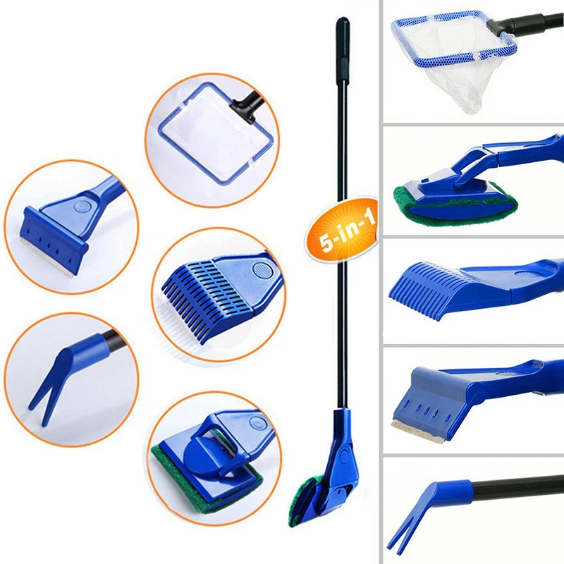 

5 In 1 Aquarium Tank Cleaner Set Fish Net Gravel Rake Algae Scraper Grass Fork Sponge Brush Glass Fish Tank Cleaning Tools