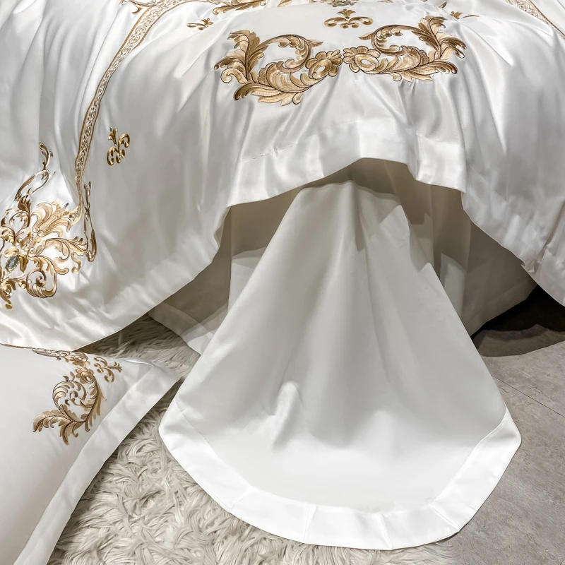 

2021 Luxury White European Gold Royal Embroidery Soft Satin Silk Cotton Bedding Set Duvet Cover Flat/Fitted Sheet Pillowcases