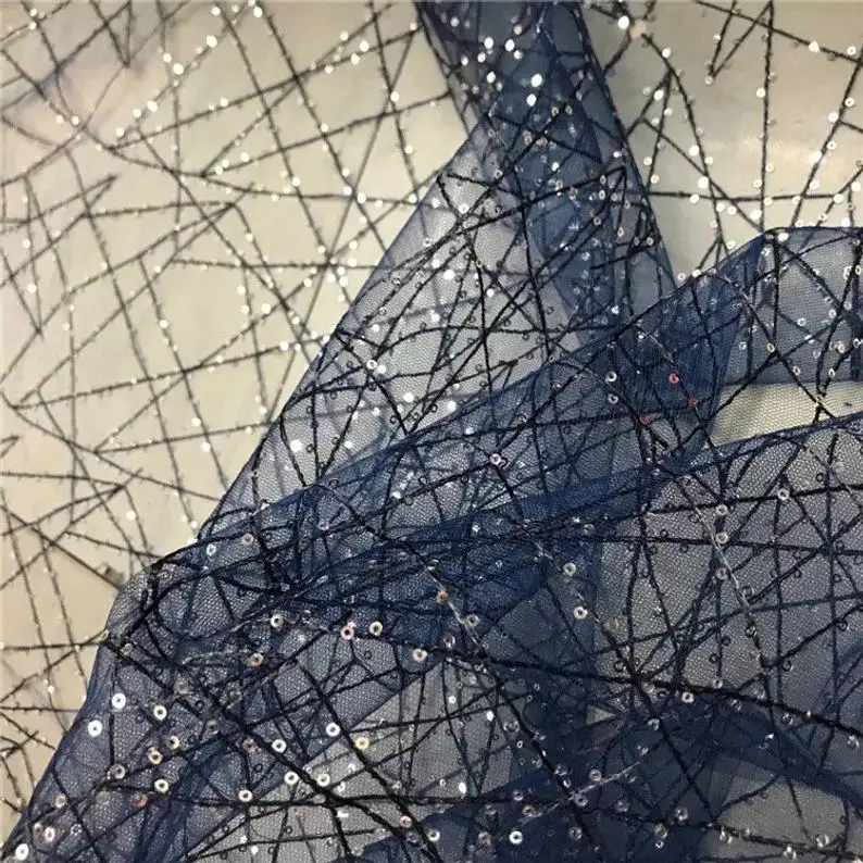 1 ярдов темно-синий/черный/слоновая кость серебро блестки вышивка сетчатая ткань