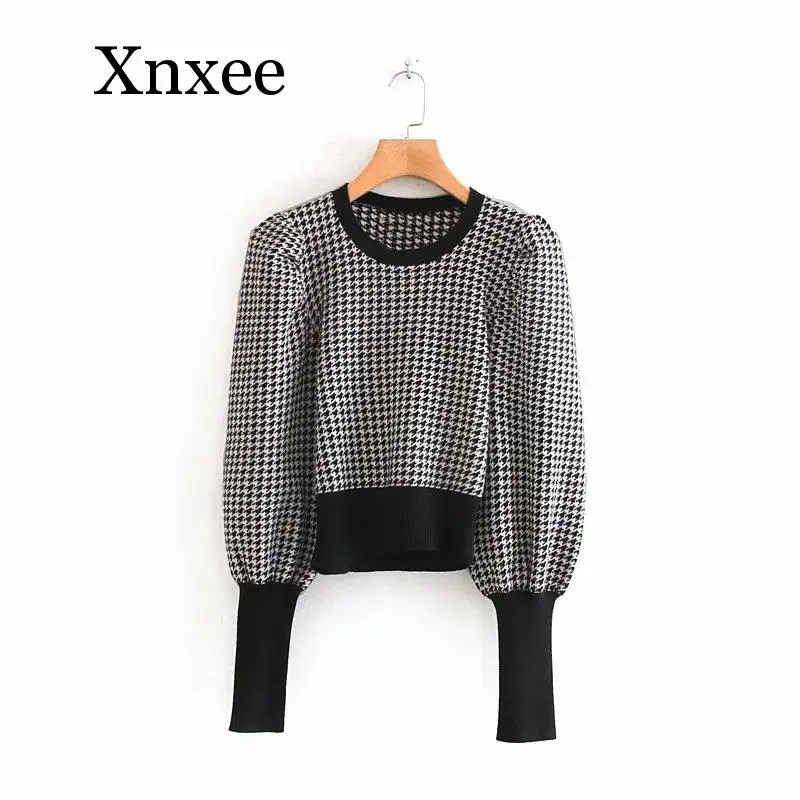 

new women vintage houndstooth pattern puff sleeve casual sweater ladies basic o neck knitted pullover autumn chic tops plaid