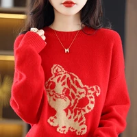 2022 year of the tiger red sweater 100 australian wool spring and autumn new womens round neck pullover fashion loose knitwear