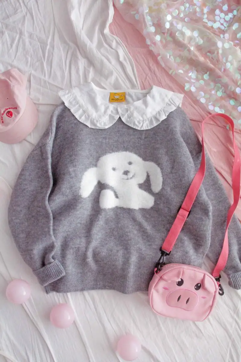 

Autumn Winter Gray Sweater Women Japanese Preppy Sweet Cute Dog Pattern O-Neck Pullover Outer Tops Girl Jumper Student