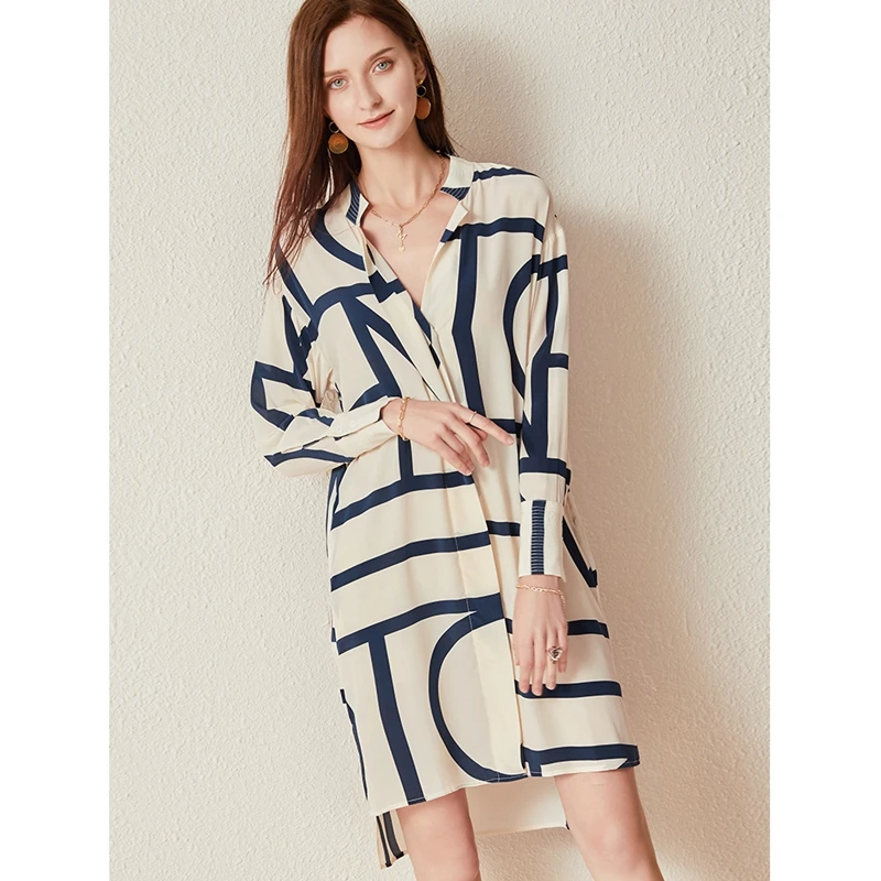 

Dress Women Fashion Style 100% Silk Printed Long Sleeves Single-breasted Pockets Straight Dresses Ladies New Fashion