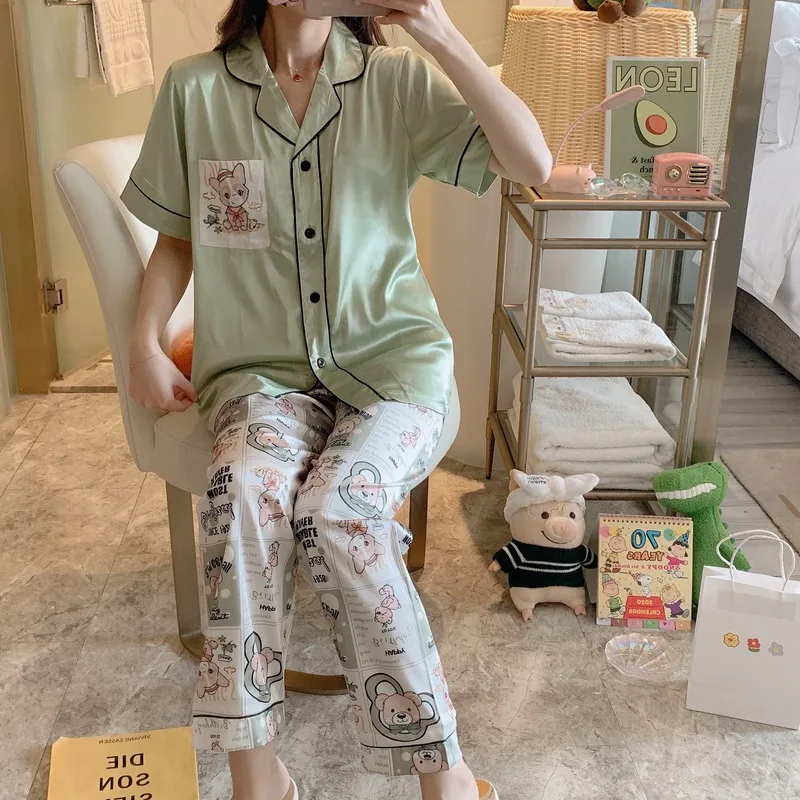 

2020 Summer Short Sleeve Long Pants Silk Satin Pajamas Sets for Women Cute Cartoon Print Sleepwear Homewear Pijama Mujer Clothes