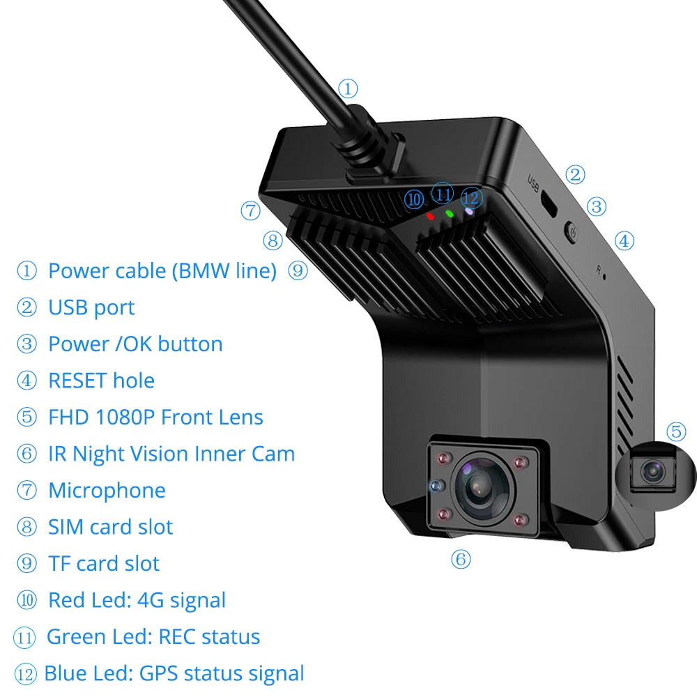 Скрытый Автомобильный видеорегистратор Bluavido 4G FHD 1080P с ИК ночным видением