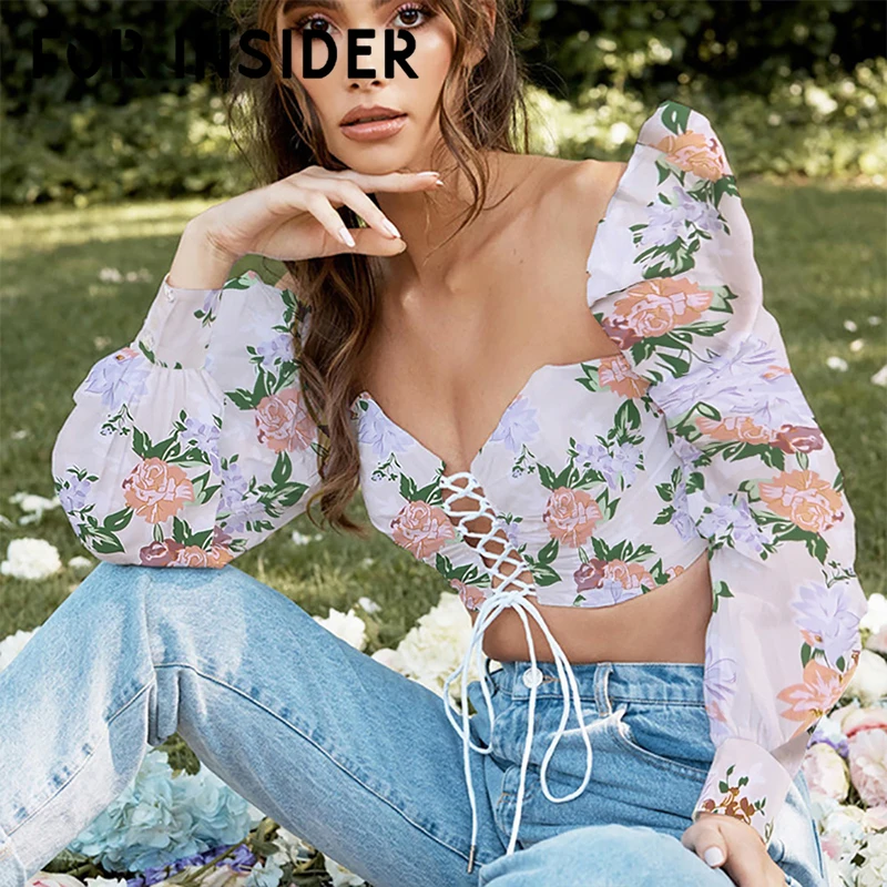 Для Insider цветочный принт на шнуровке обрезанная блузка рубашка для женщин с
