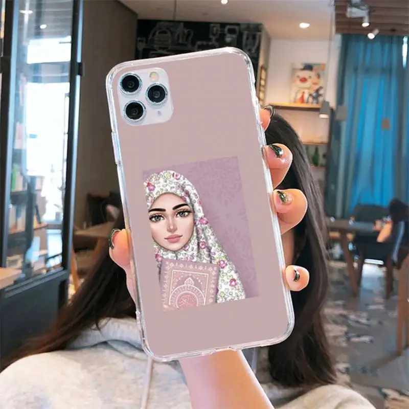 

Muslim Islamic Arabic Hijab Face Gril Phone Case Transparent for iPhone 6 7 8 11 12 s mini pro X XS XR MAX Plus