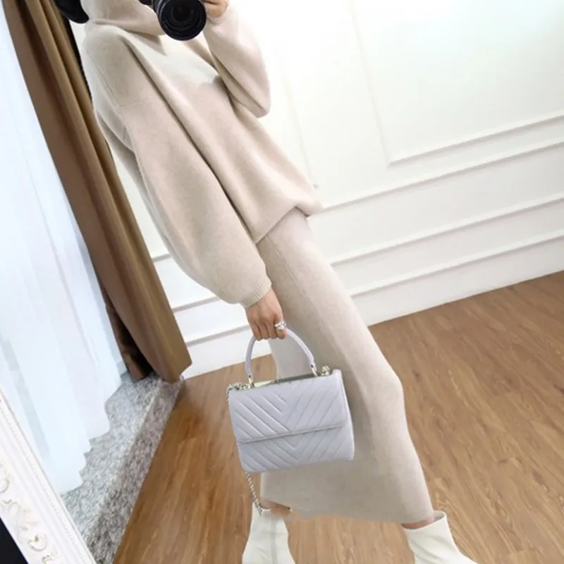 2019 осень зима кашемировый свитер с высоким воротником Женский комплект