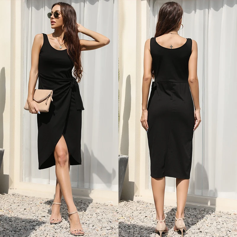 

women tank top midi bodycon dress wrap tie high slit black party dress