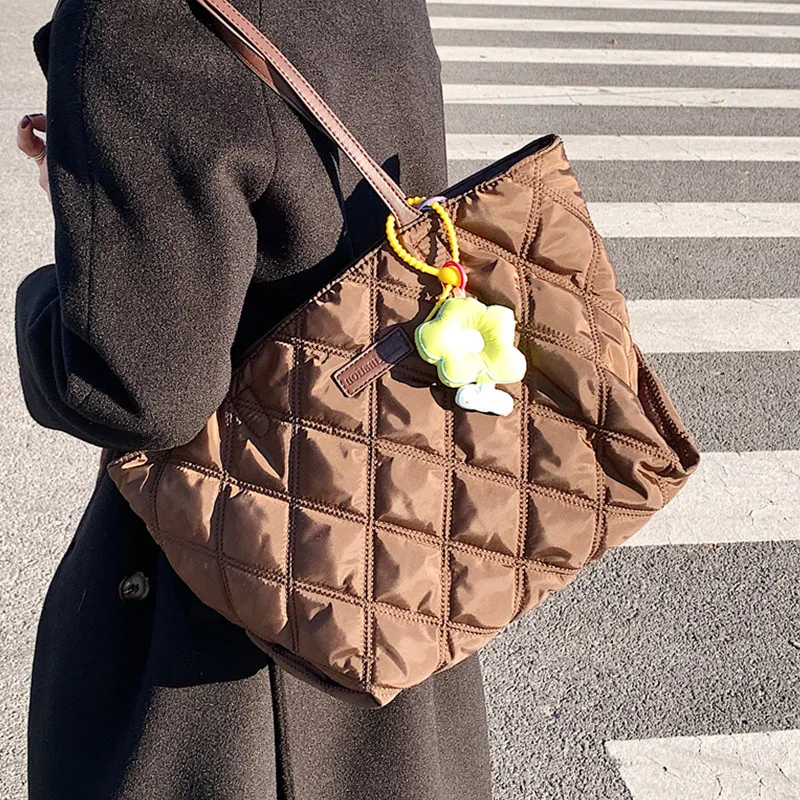 

Casual Women Tote Bags Winter New Space Cotton Pad Shoulder Bag Diamond Lattice Ladies Handbag Large Capacity Female Shopper Bag