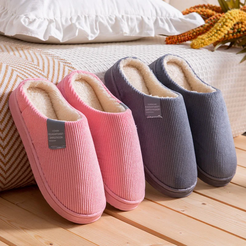 

Dropshipping Women's Home Slipper Winter Warm Soft Fluffy Slippers Stripe Non-slip Indoor Slides Corduroy Female Shoes For Women