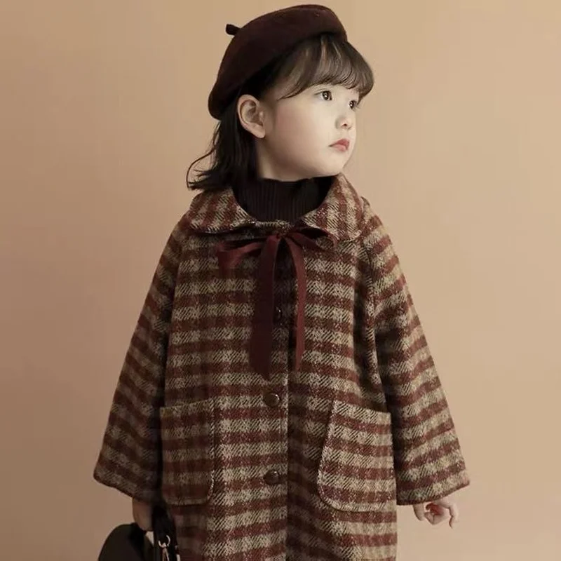 

Girls Red Brown Plaid Woolen Coat Kids Autumn Winter Pocket Snowsuit Clothing New Children Thick Wool Jackets Baby Girl Coats