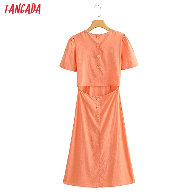 

Tangada 2021 Summer Women French Style Orange Linen Dress Puff Short Sleeve Ladies Backless Midi Dress Vestidos YI31