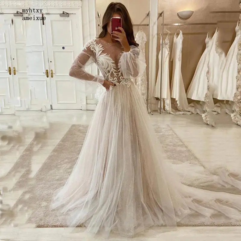 

Cheap Beach Wedding Dress 2020 Puffy Long Sleeve Lace Appliques Bride Dress Sheer Bateau Neck Boho Long Plus Size Robe De Mariee