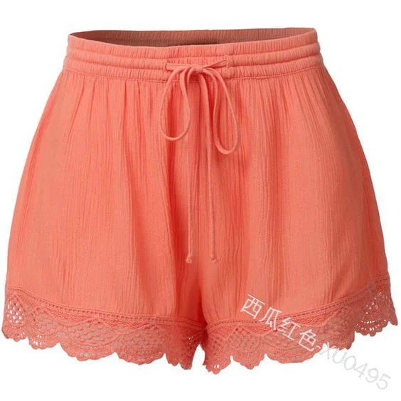 

WEPBEL Shorts Women's Casual Solid Color Lace Up Elastic Low Waisted Shorts Summer Lace Solid Color Loose Straight Shorts