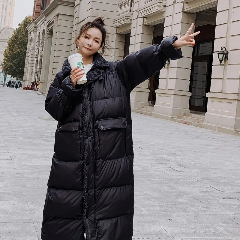 Women's Winter Mid-Length Black Shiny White Duck Down Cotton Coat Korean Style Loose Thick Lamb Wool Stitching Jacket Female M86 | Женская