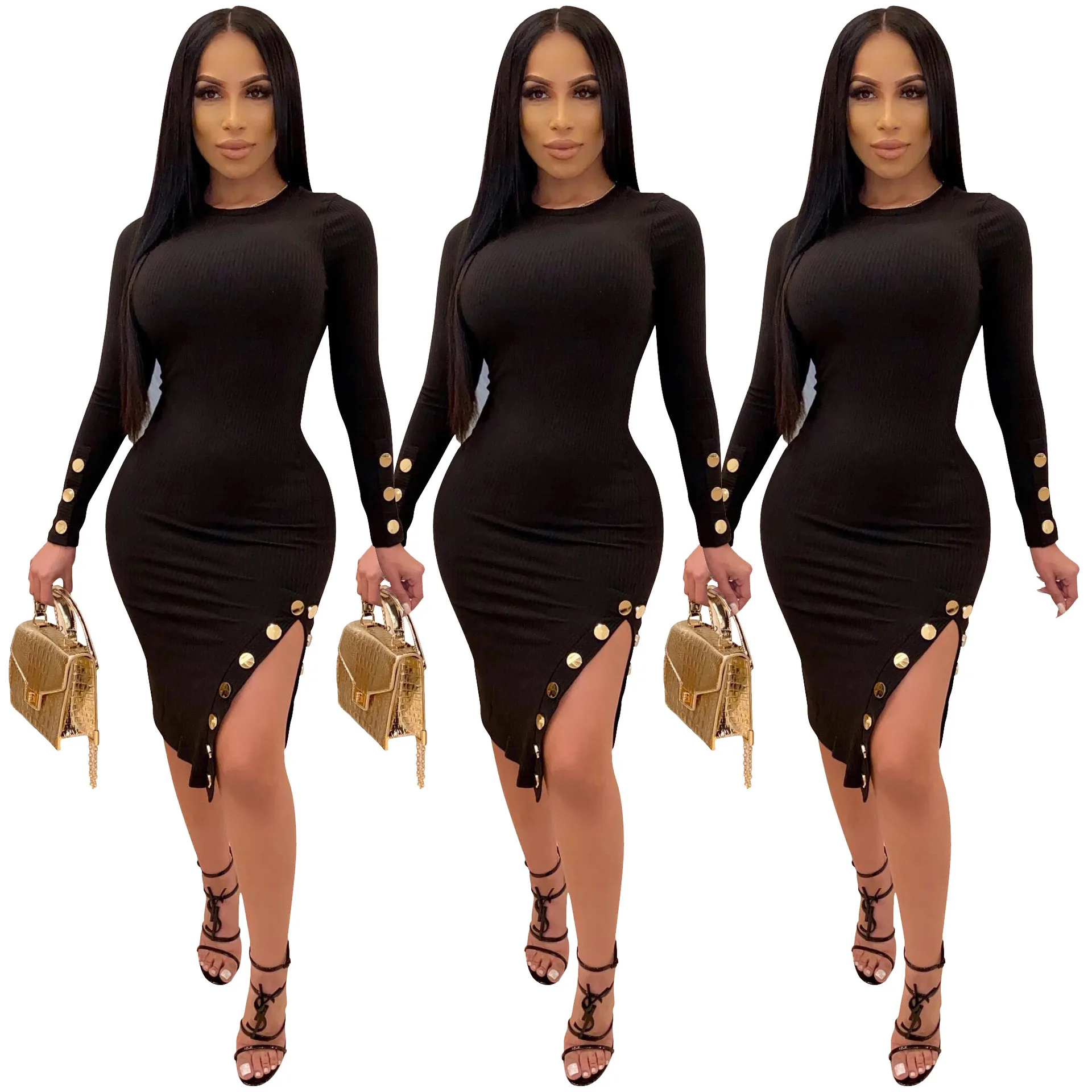 

Black Rib Cloth Long Sleeve Knee Dress Women Single Open Split Sexy Club Vestidos Elegant Party Night Button Fashion Dresses
