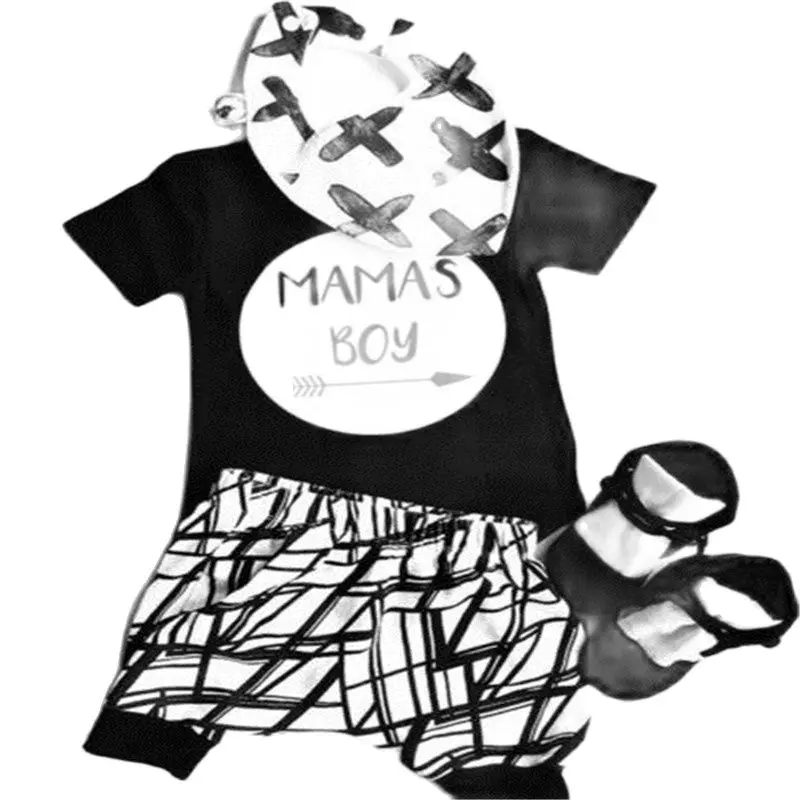 0-24M New Born Baby Clothes 2pcs Set Black Letter Print Tshirt For Boys White Stripe Pants Legging Newborn |