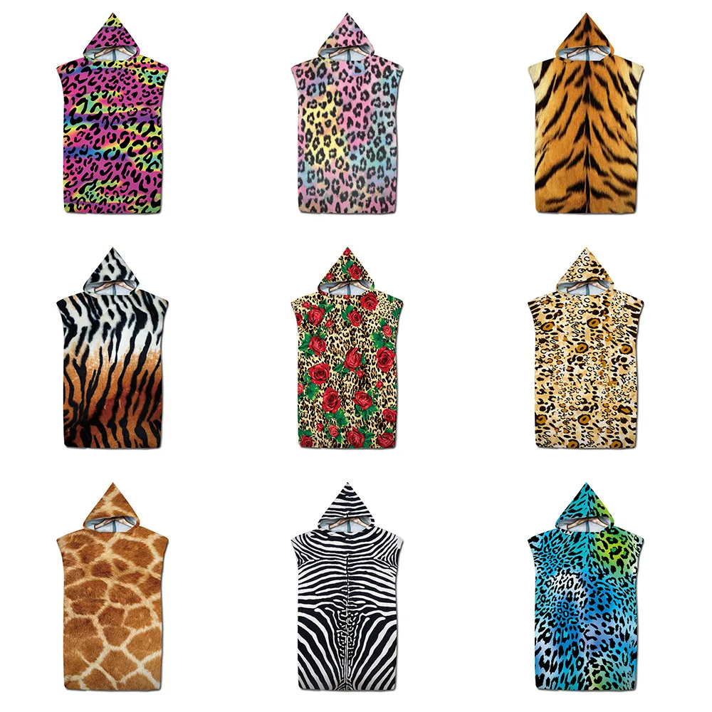 

Outdoor Adult Kids Customizable Fashion Leopard Microfiber Quick-drying Beach Towel Hooded Wetsuit Wearable Swimming Bath Towel