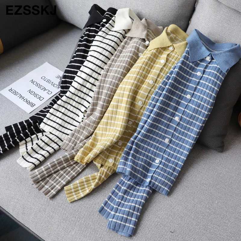 Осенне-весенний Полосатый Тонкий вязаный укороченный свитер пуловеры для женщин