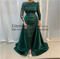 exquisite dark green long sleeves prom dresses beads detachable train straight elegant women formal evening gowns plus size