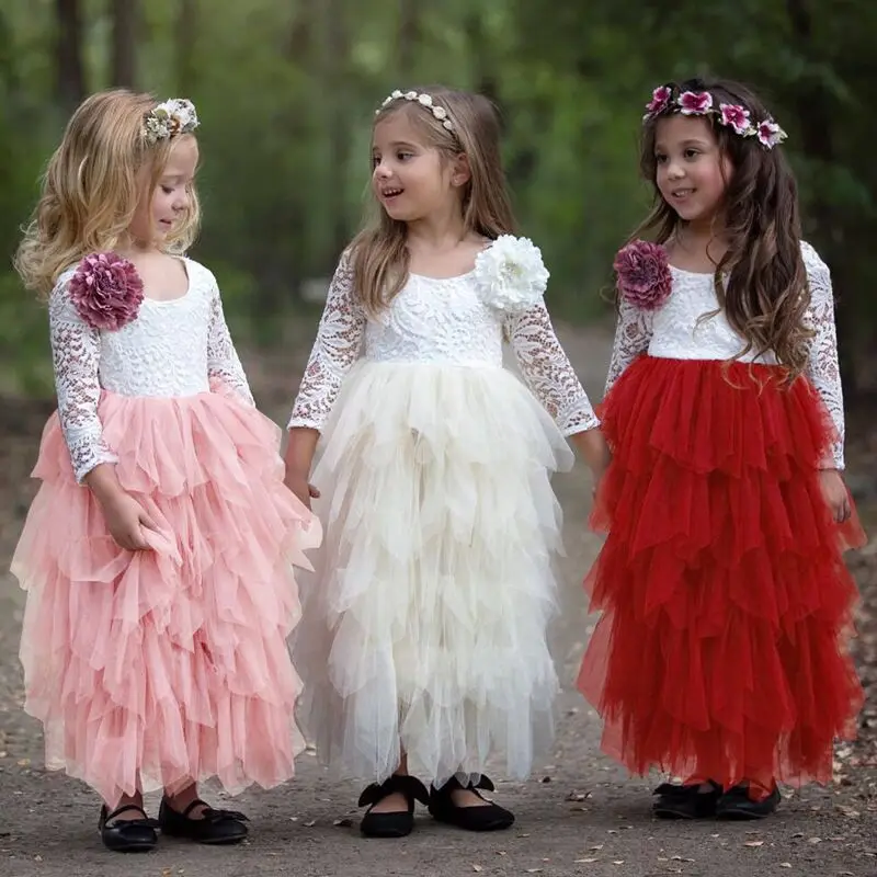 3-8 Years Autumn Girl Dress Princess Wedding Party Baby Ceremonies Flower Lace Tutu Layered Kid Christmas Clothes | Детская одежда и