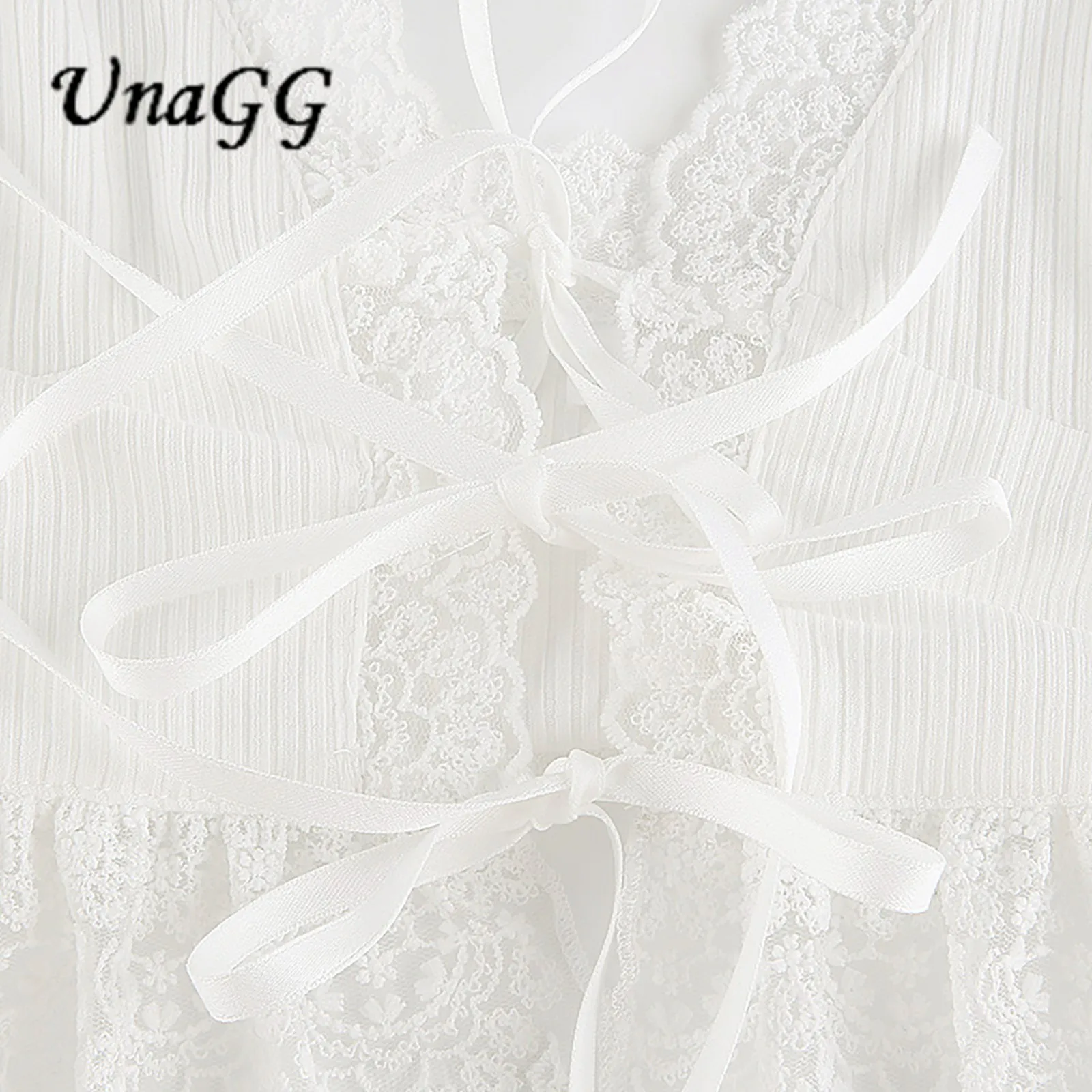 

UnaGG Frill Lace Sexy Crop Tops Tees Women Front Tie Sleeveless Cami Top Summer White V Neck Spaghetti Strap Top Party Club #121