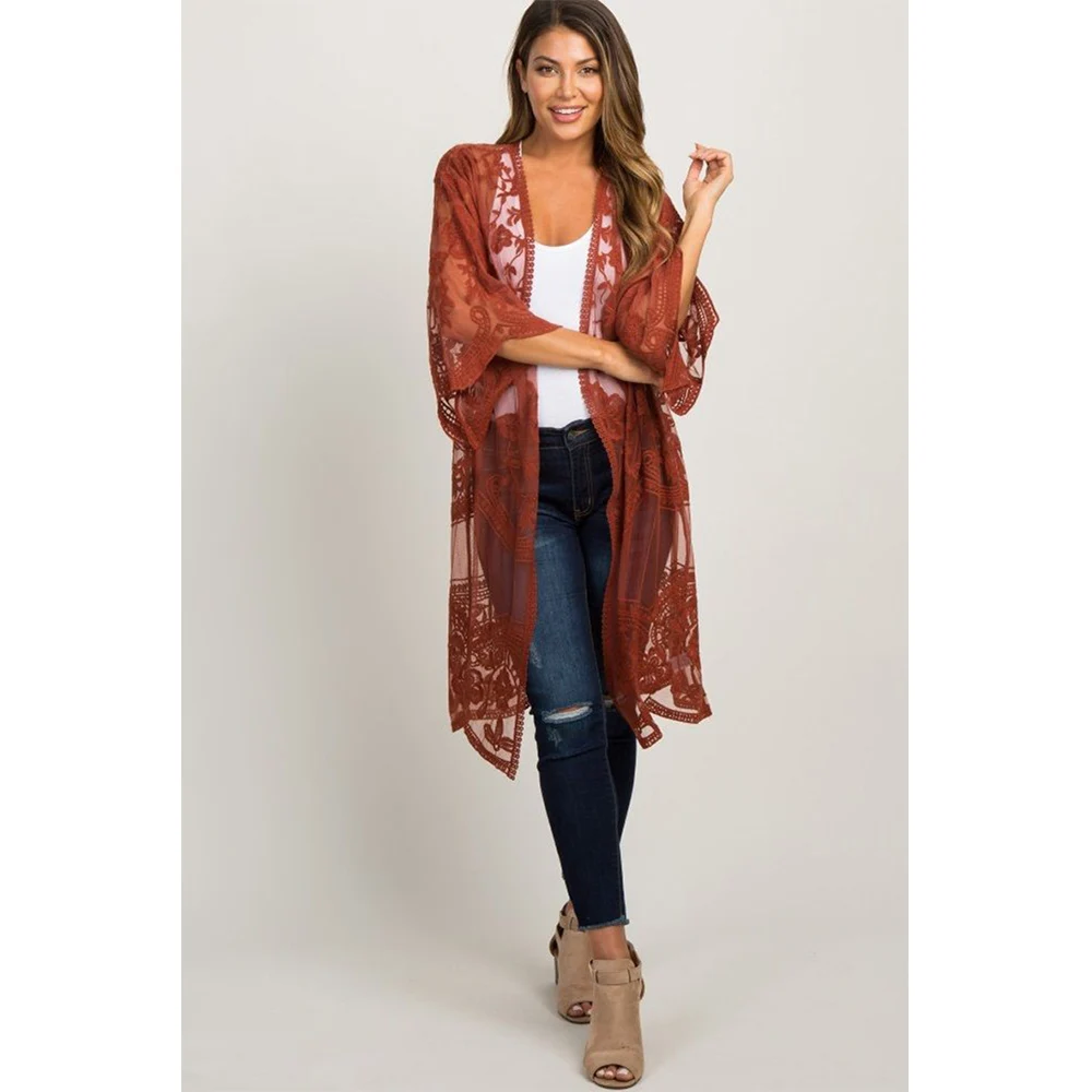 Пикантные кружевные туники прозрачная Пляжная накидка с вышивкой длинное кимоно