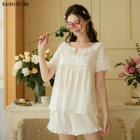 women summer pajama 100 cotton homewear vintage shorts embroidered lace tops shorts white sleepwear home two piece pajamas