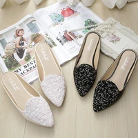 flat shoes 2021 fashion mules for women patent leather pointed toe sandalias women slipper summer rhinestone sequins sandals