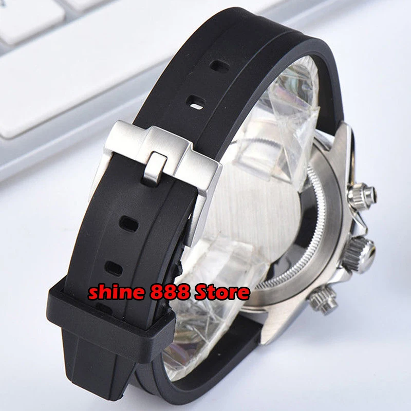 

39mm PARNIS sapphire glass rubber stap solid full Chronograph quartz mens watch