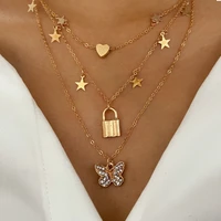 gold butterfly lock heart pendant necklace clavicle chain