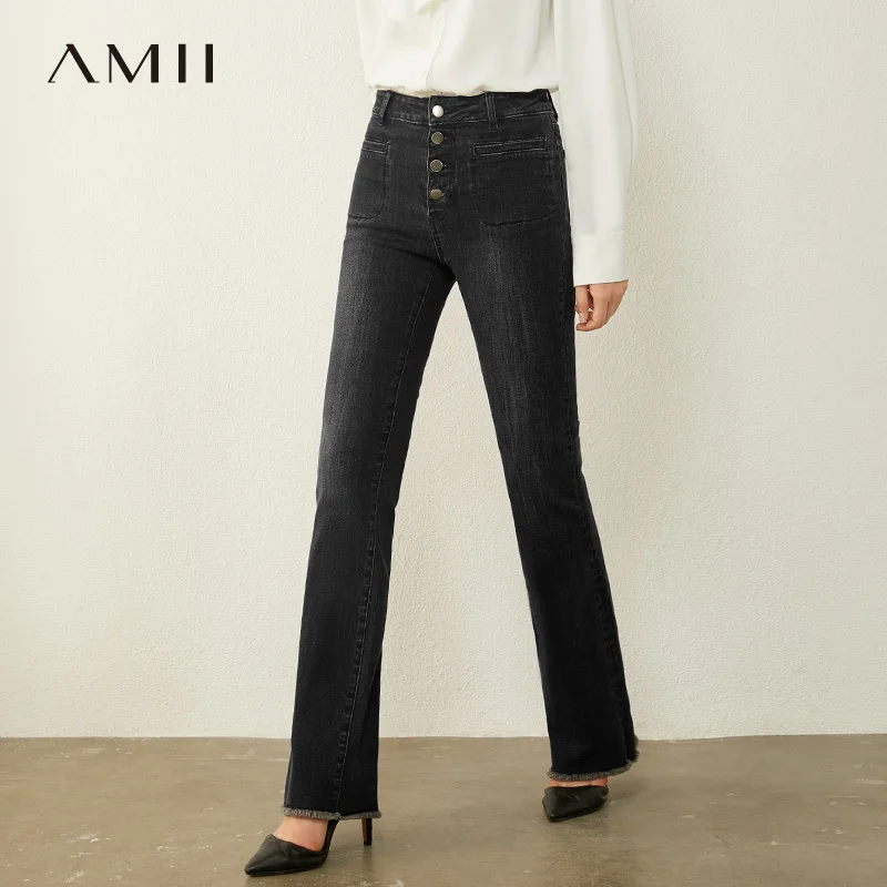 

AMII Minimalism Autumn Women's Jeans Fashion High Waist Bell-bottomed Pants Single-breasted Causal Female Jeans 12030560