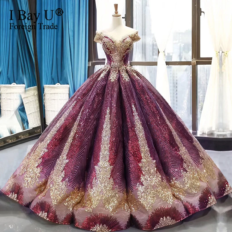 Красивое фиолетовое свадебное платье принцессы с вышивкой и блестками коллекция