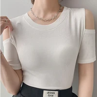 2022 summer womens t shirts off shoulder tops ribbed knitted o neck short sleeve solid top tee shirt femme slim tees