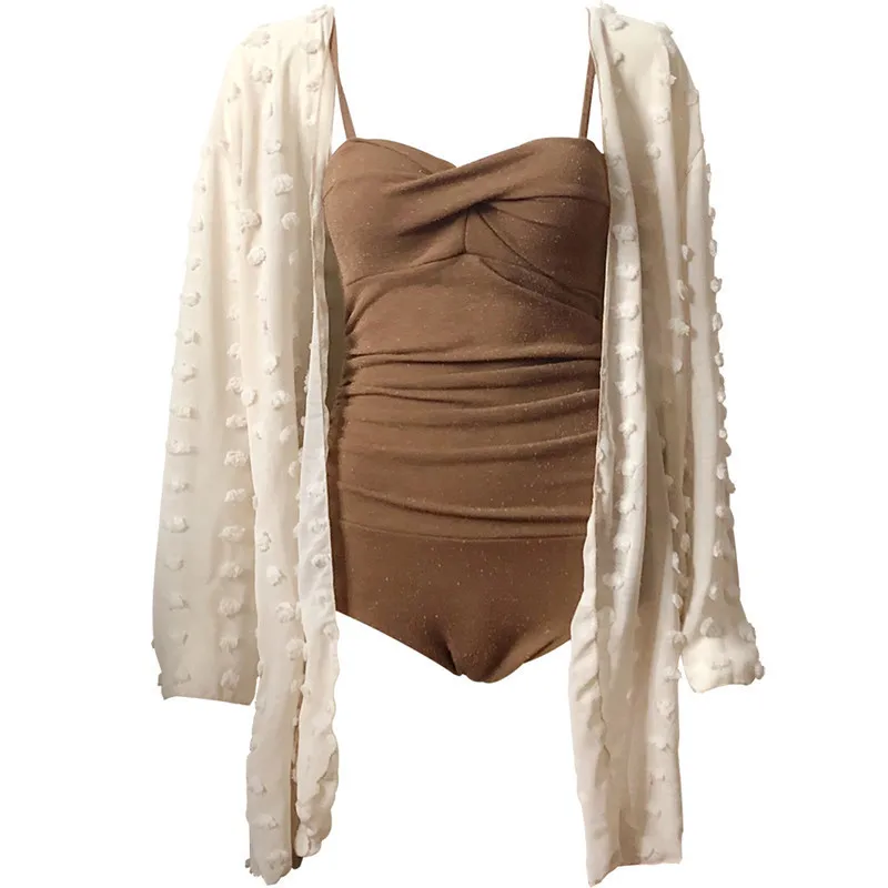 

Concise Suspender Monokini Two Piece Swimsuit Women Solid Swimwear Long Sleeve Smock Korean Style Wire-free Padded Bathing Suit