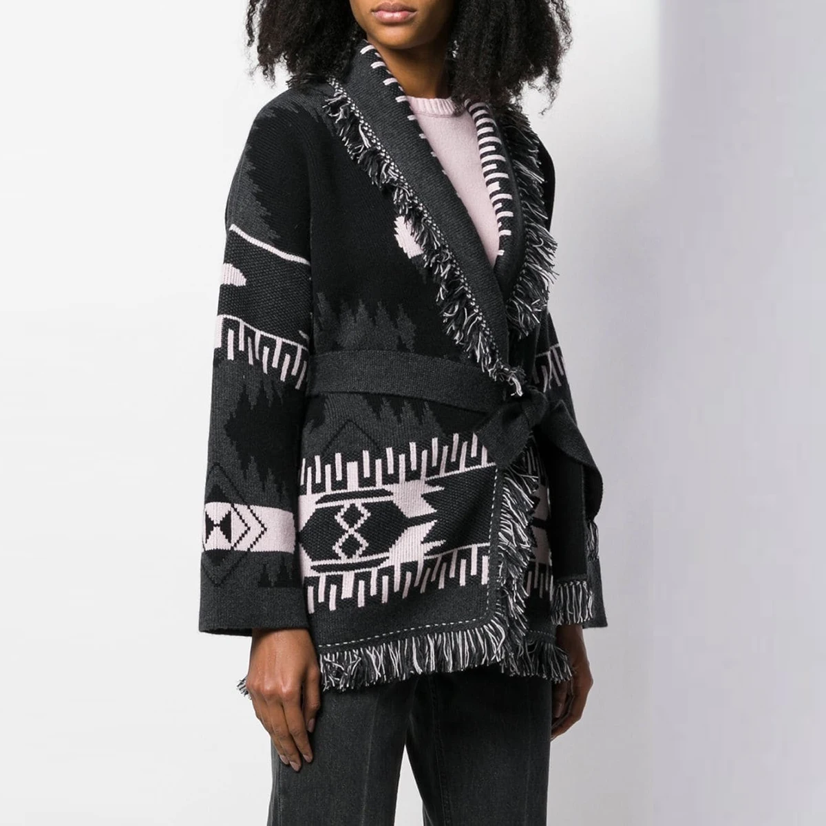 

Jastie Overisized Retro Jacquard Cardigan Women Sweaters Tassel Trims Long Sleeve Winter Warm Thick Knitted Sweater Overcoat Top