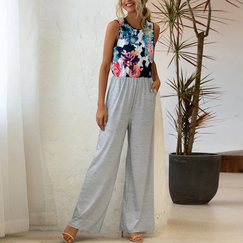 

Women Round Neck Printed Vest Fashion Loose Jumpsuit Romper