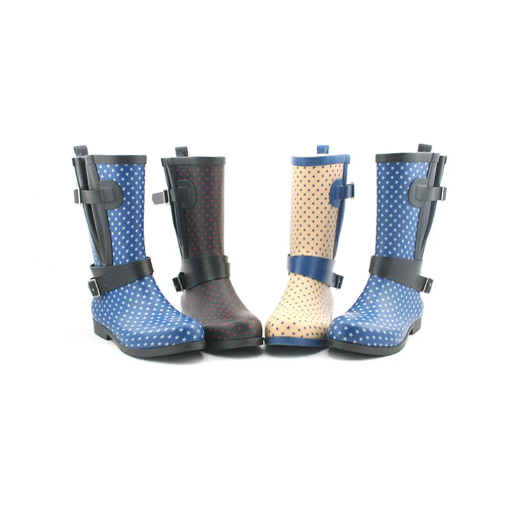 

Low moq outdoor wearable colorful polka printed black customized large size adult rain boots