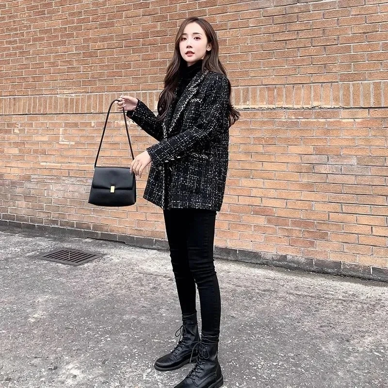 Женский твидовый Блейзер винтажный двубортный блейзер в клетку с отложным