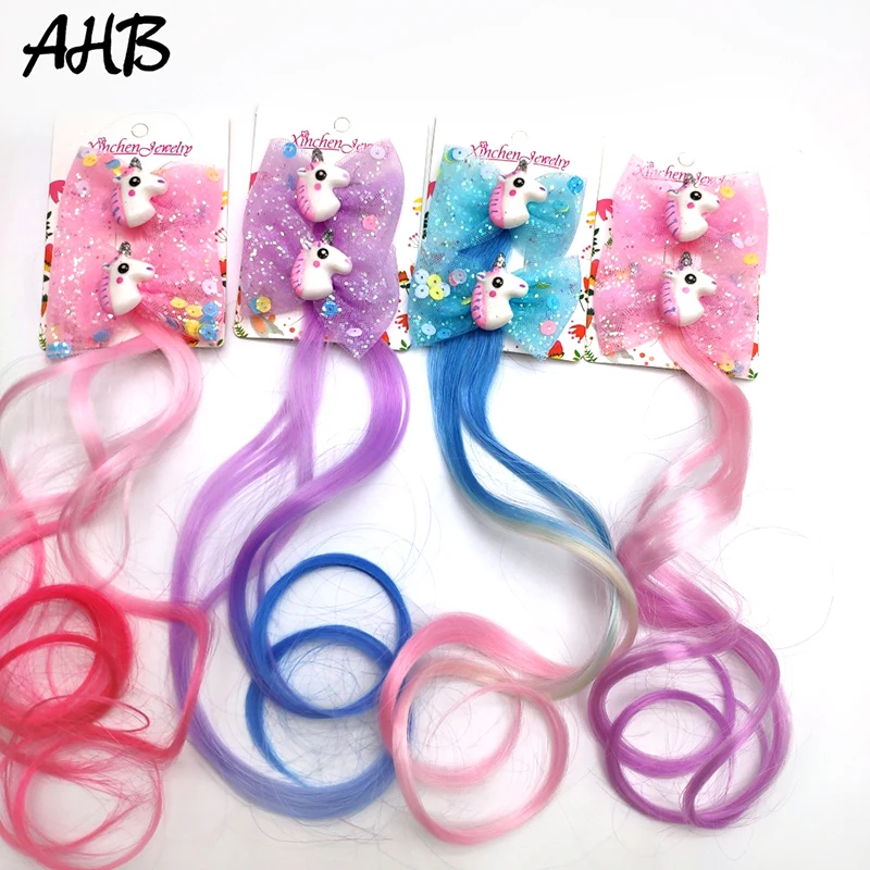 2 шт./компл. милые аксессуары для волос девочек банты мультяшный Единорог парик