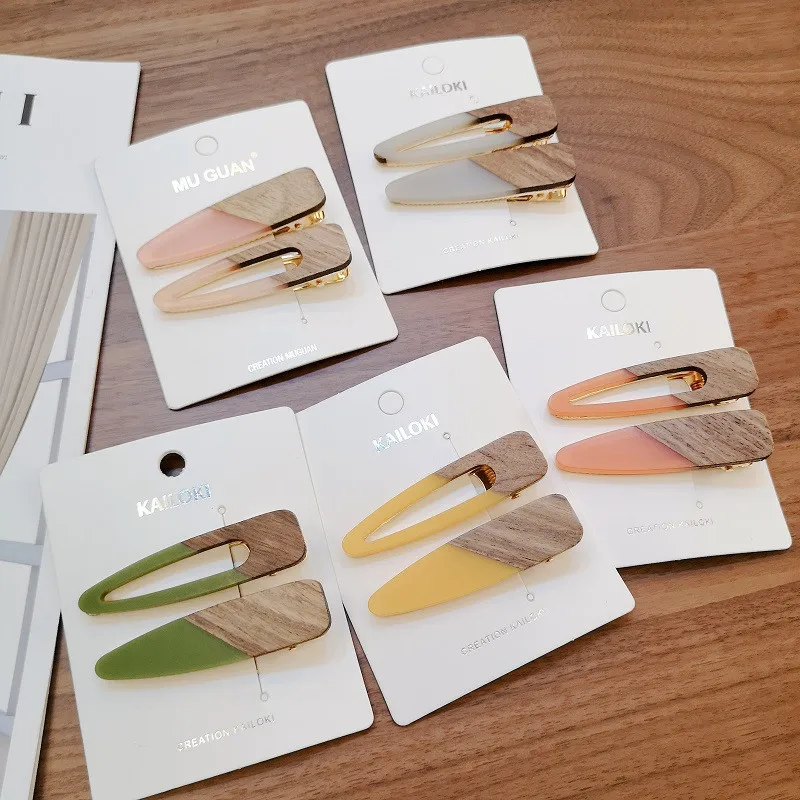 

New 2 Pcs/set Candy Color Patchwork Geometric Wood Acrylic Duckbill Hair Clip Hollow Waterdrop Square Hairpins Hair Accessories