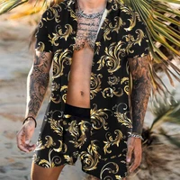 mens summer large size casual hawaiian beach style print shorts short sleeve cardigan shirt 2 piece