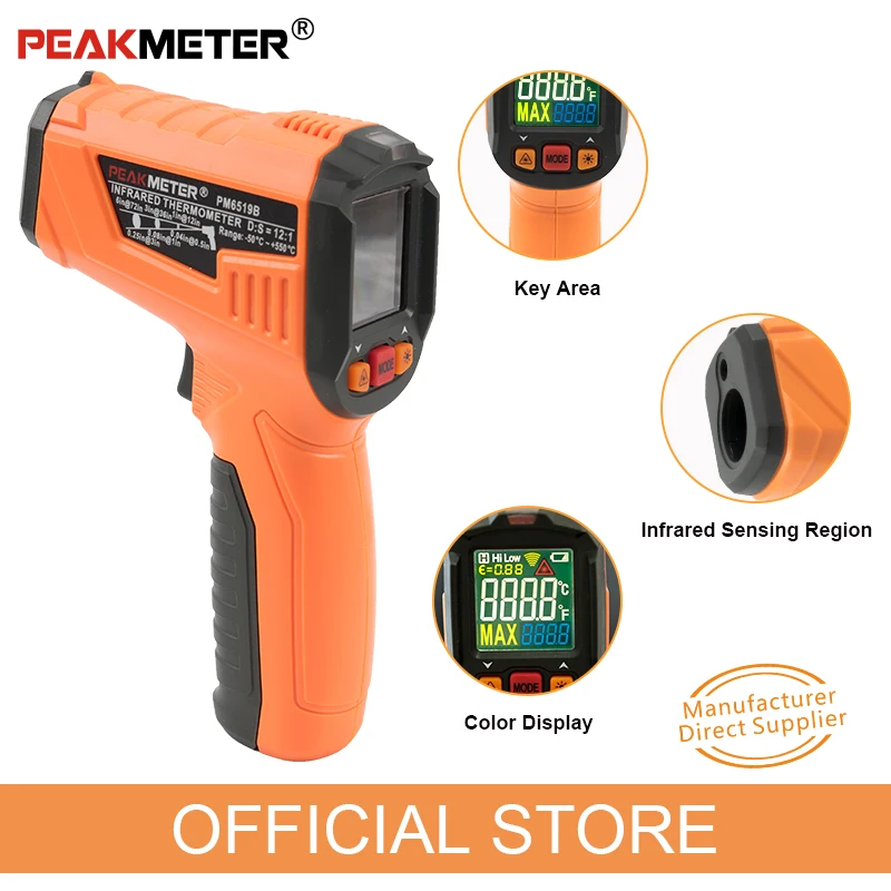 Лазерный цифровой инфракрасный термометр PEAKMETER PM6519B с ЖК-дисплеем измеритель