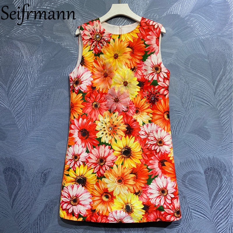 

Seifrmann New 2021 Summer Women Fashion Runway Mini Dress Gorgeous Crystal Beading Appliques Floral Printed Sleeveless Dresses