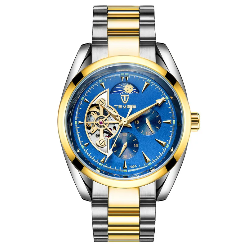 gold blue TEVISE мужские часы Tourbillon Moon Phase Роскошные бизнес нержавеющая сталь Лидирующий бренд механические наручные часы автоматические часы relojes - Цвет: gold blue