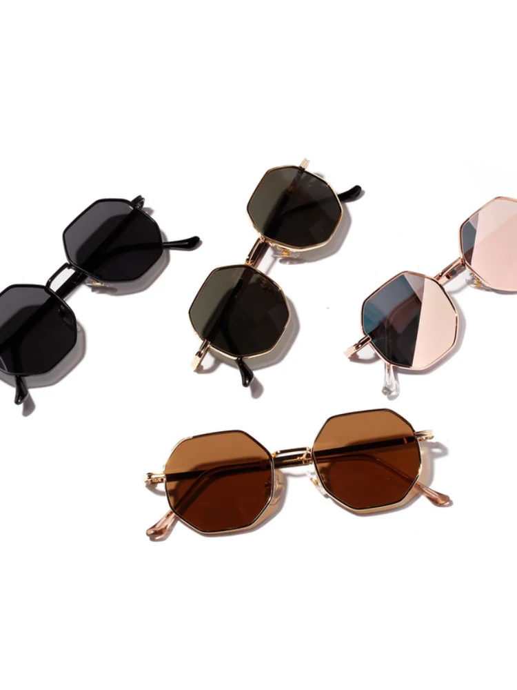 

2021Retro polygon sunglasses Men Women Luxury pink Lens Round Sunglasses Vintage Small frame Mirror color sunglasses
